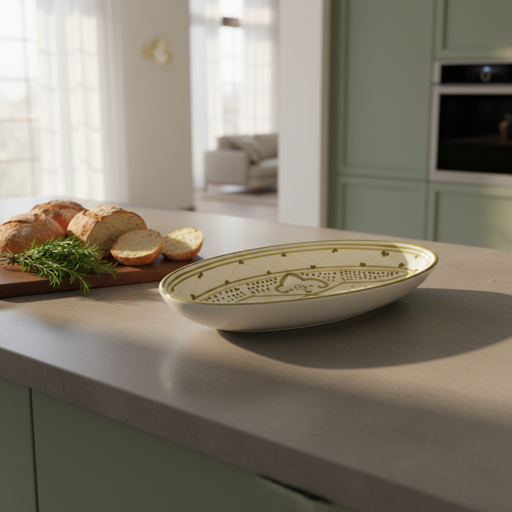 Slama White & Olive Gold Ceramic Oval Serving Plate - 31 cm