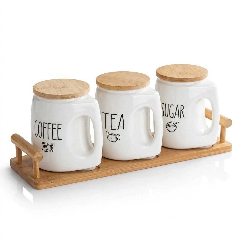 3 Pcs Ceramic Canister Set 500ml Each with Wooden Lids and Tray