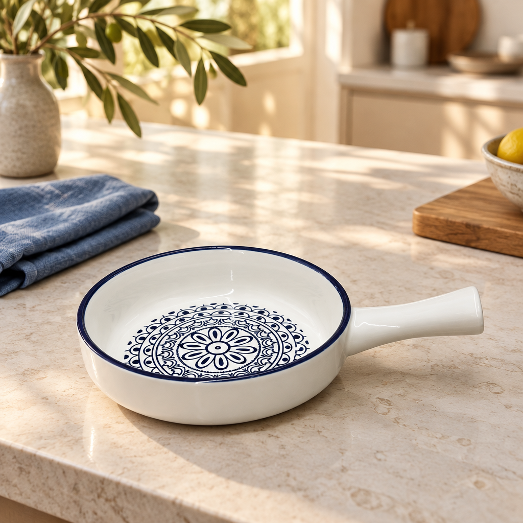 Che Brucia Ceramic Pan with Handle, Blue Rim & Floral Design - 8.5 × 8 Inch