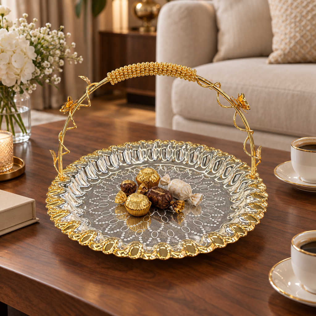 Germax Stainless Steel Round Serving Tray with Handle Silver & Gold - 30cm