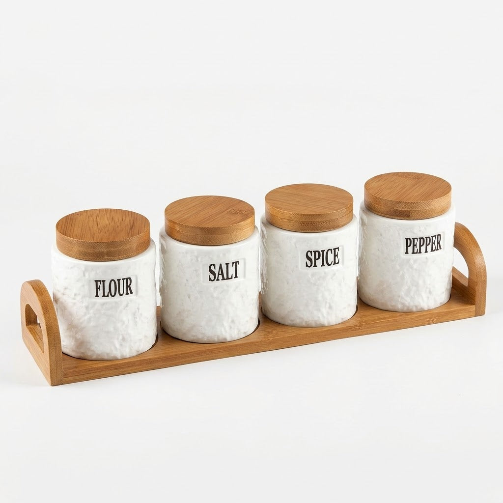 4-Piece White Ceramic Kitchen Storage Jar Set with Lids & Tray – 400 ml Each