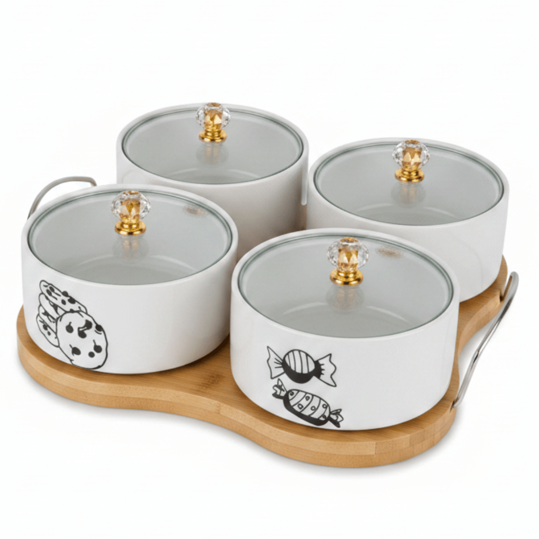4 - Piece White Ceramic Candy Bowl Set with Black Elegant Design, Matching Lids & Bamboo Base – Premium Serving Set (21×21 cm) - Al Kabayel Discount Centre4 - Piece White Ceramic Candy Bowl Set with Black Elegant Design, Matching Lids & Bamboo Base – Premium Serving Set (21×21 cm)Jars & Food SaversAKDCAl Kabayel Discount Centre
