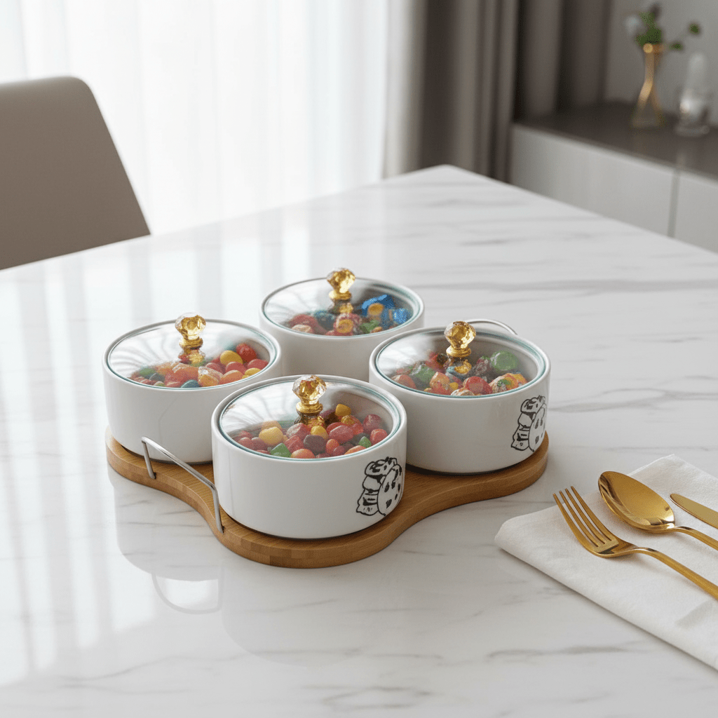4 - Piece White Ceramic Candy Bowl Set with Black Elegant Design, Matching Lids & Bamboo Base – Premium Serving Set (21×21 cm) - Al Kabayel Discount Centre4 - Piece White Ceramic Candy Bowl Set with Black Elegant Design, Matching Lids & Bamboo Base – Premium Serving Set (21×21 cm)Jars & Food SaversAKDCAl Kabayel Discount Centre