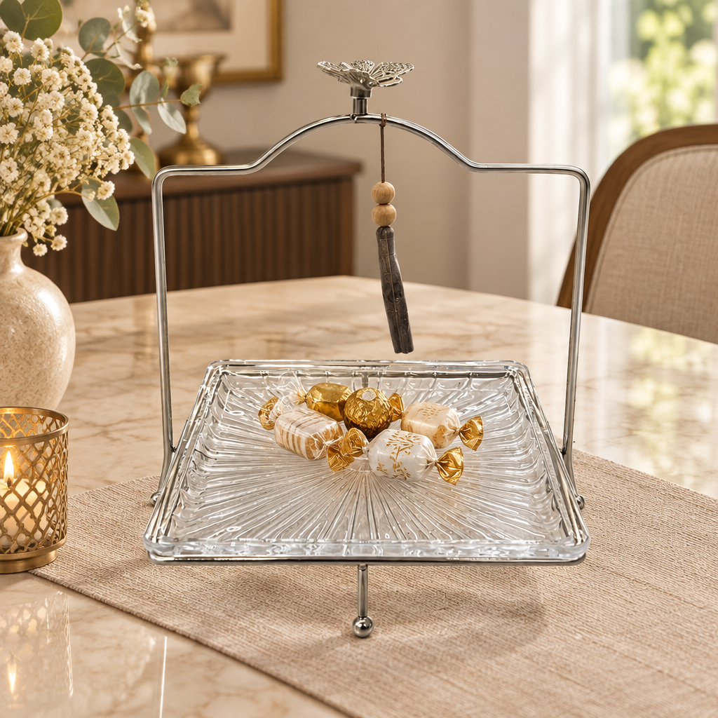 Glass Tray with Silver-Tone Metal Stand - 25×25cm