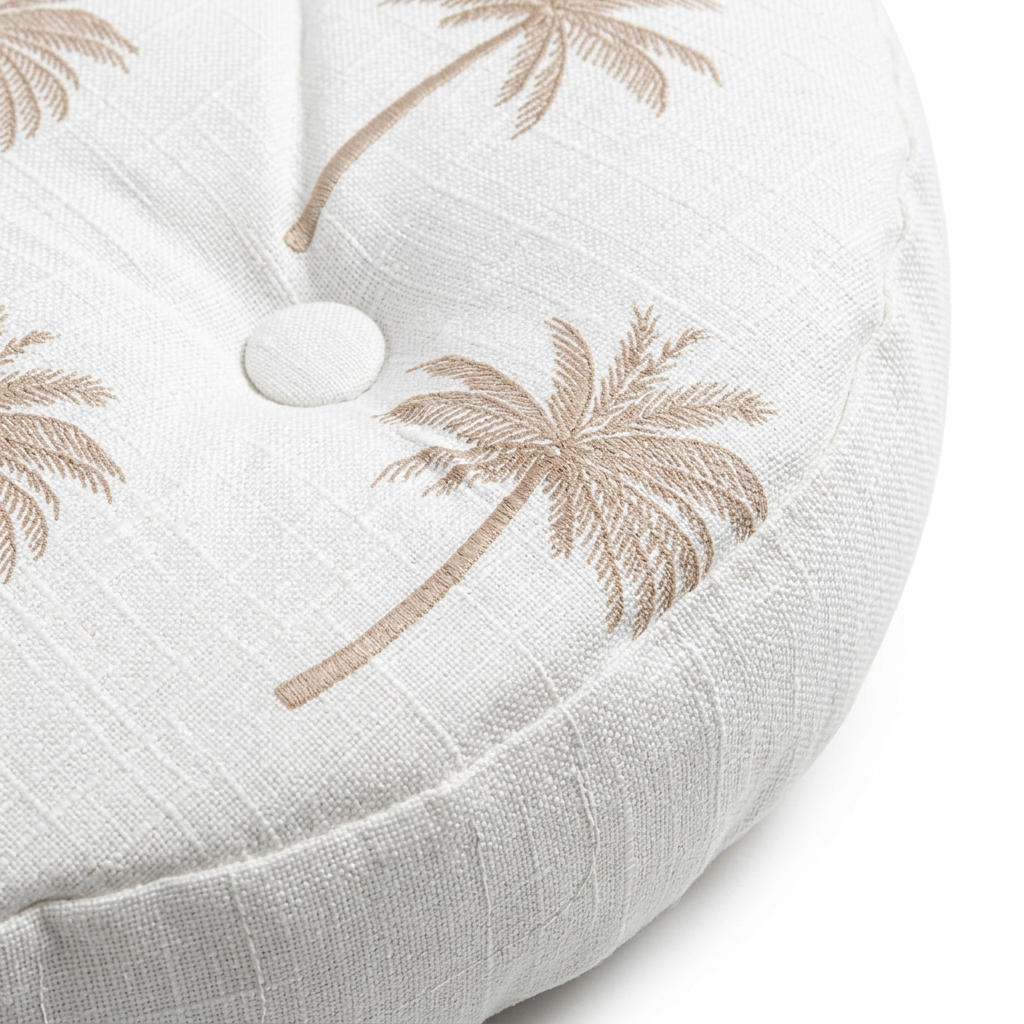 Round Tufted Cushion with Palm Tree Design White & Beige - 40cm