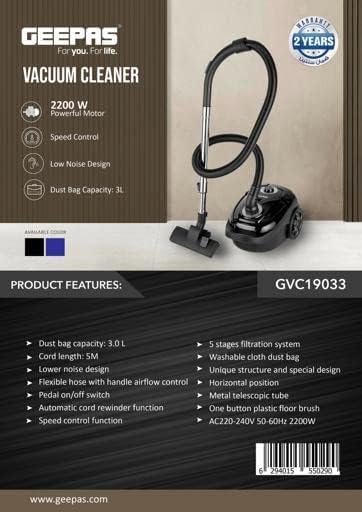 Geepas 2200 W Vacuum Cleaner- GVC19033| 3 L Dust Bag Capacity, 5 M Cord Length| Speed Control Function, Powerful Suction And Low Noise Desig| Pedal ON/OFF Switch And Auto Cord Rewinding|, Black