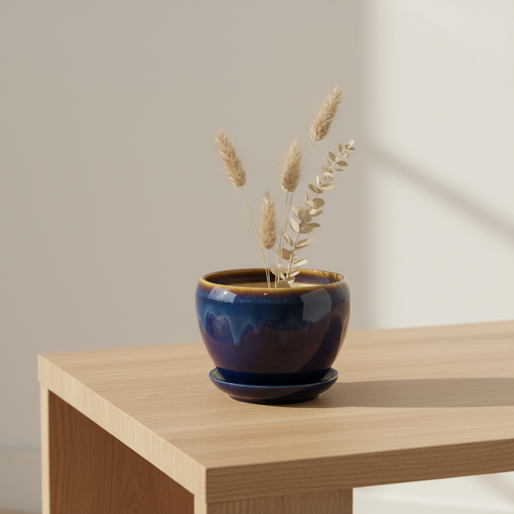 Ceramic Vase with Base Blue & Brown - 10x12cm