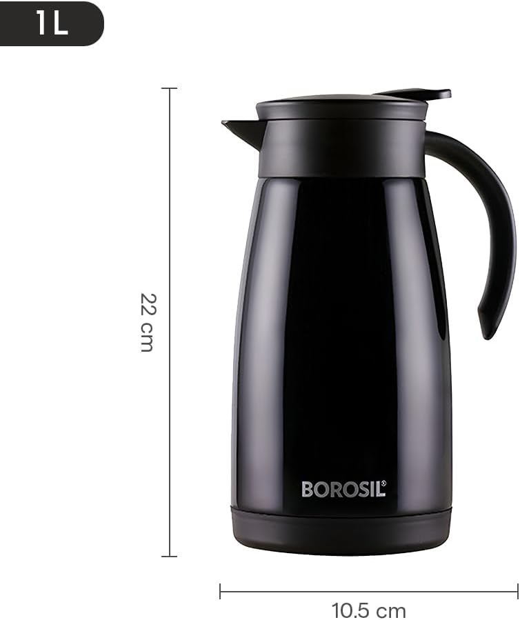 Borosil Insulated Stainless Steel Vacuum Flask Carafe, 1000 ml, Black