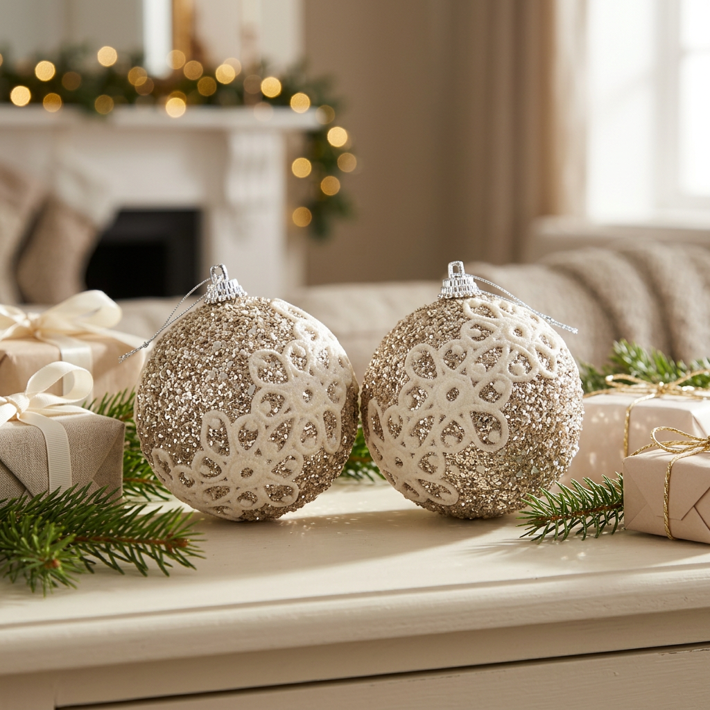 Plastic Christmas Décor Balls 2 Piece Champagne gold & Ivory - 10cm