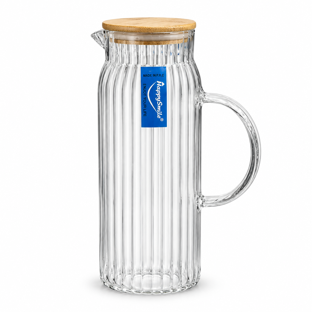 Happysmile Ribbed Glass Jug with Wooden Lid - 1 Litre