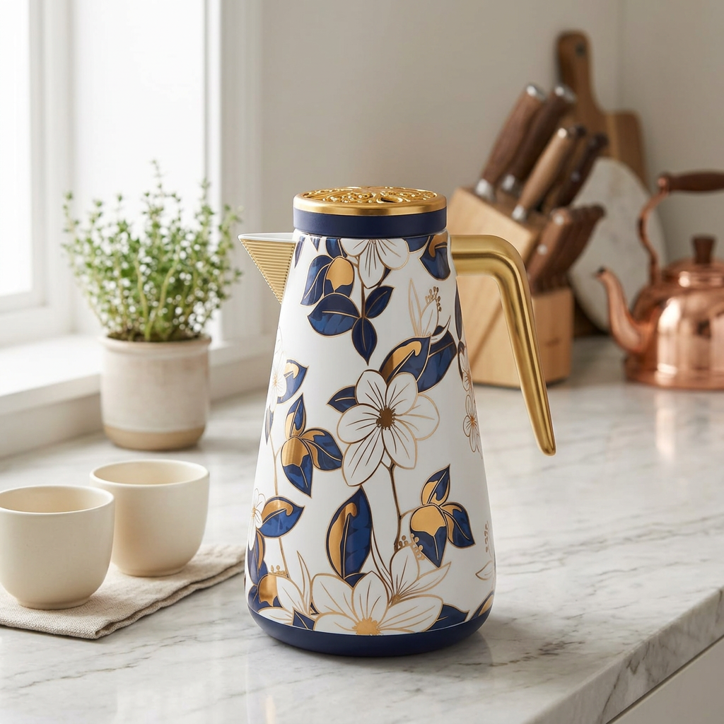 Royalford Floral Vacuum Flask White & Navy Blue - 1 Litre