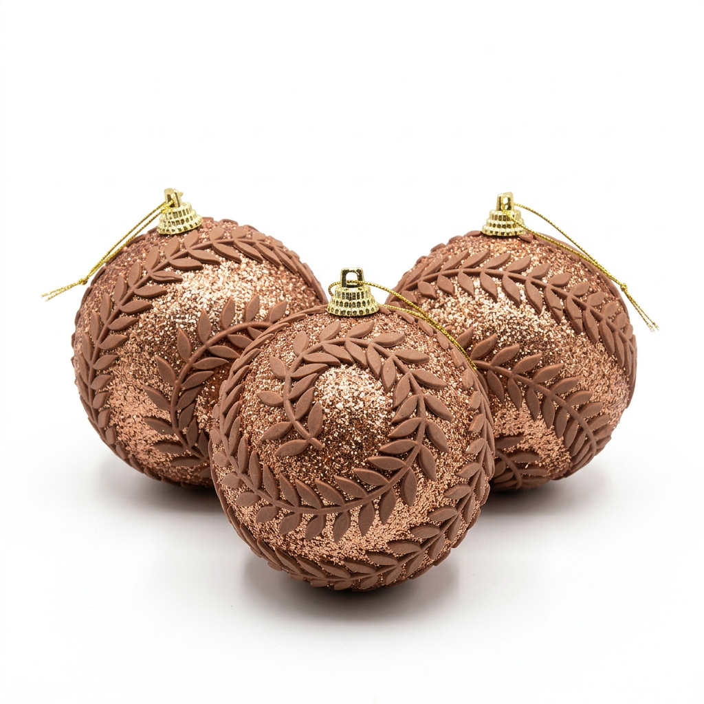 Plastic Christmas Décor Balls with Brown Leaf Design 3-Piece Set - 10cm