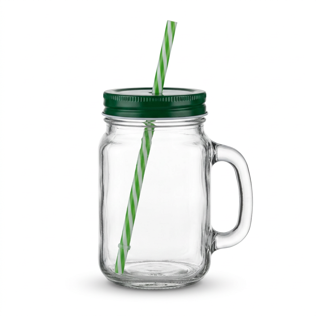 Mason Glass Jar with Handle & Straw Green - 500ml