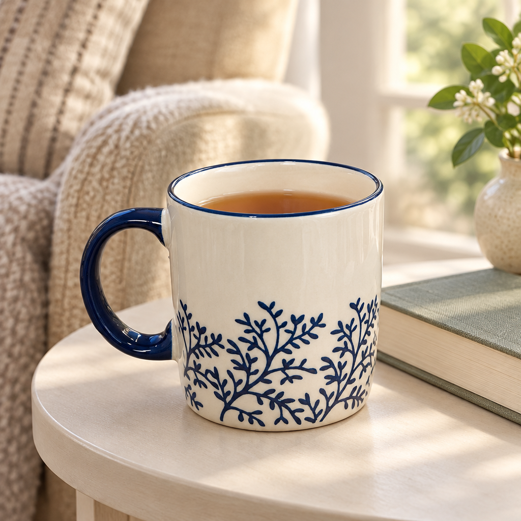 Ceramic Mug Navy Blue Botanical Design - 350ml