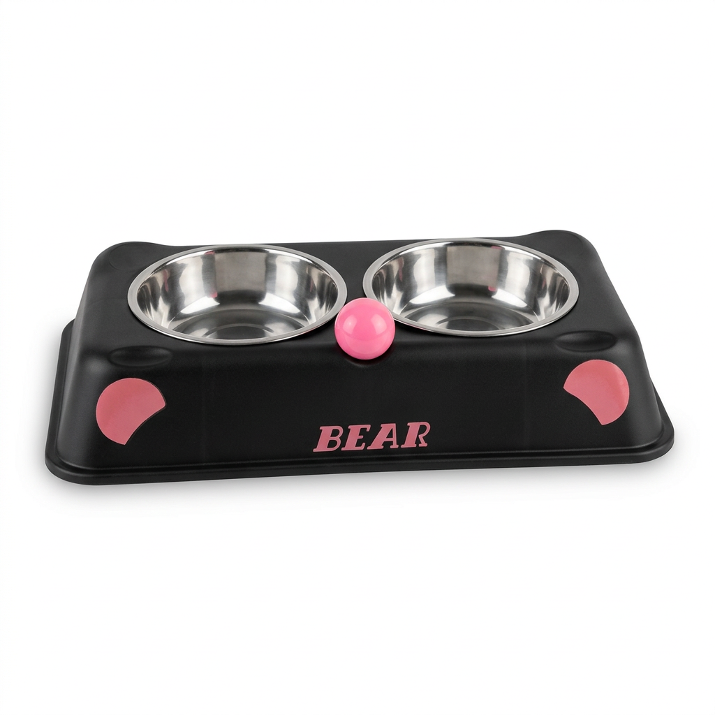 Plastic & Metal Double Pet Food Bowl Set Black - 30×14cm