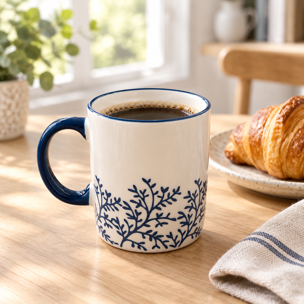 Ceramic Mug Navy Blue Botanical Design - 350ml