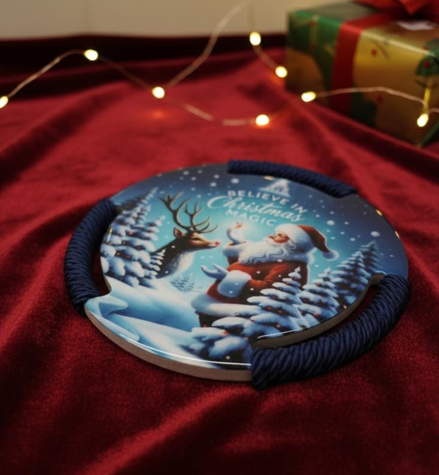 AKDC 20cm Blue Christmas Theme Cork Coaster Set | Holiday Table Décor & Drink Protection