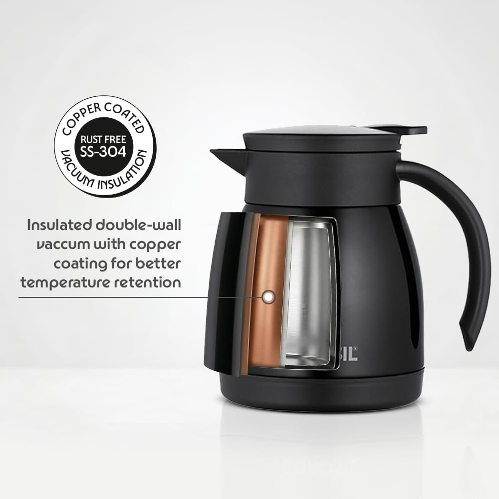 Borosil Insulated Stainless Steel Vacuum Flask Carafe, 500 ml, Black