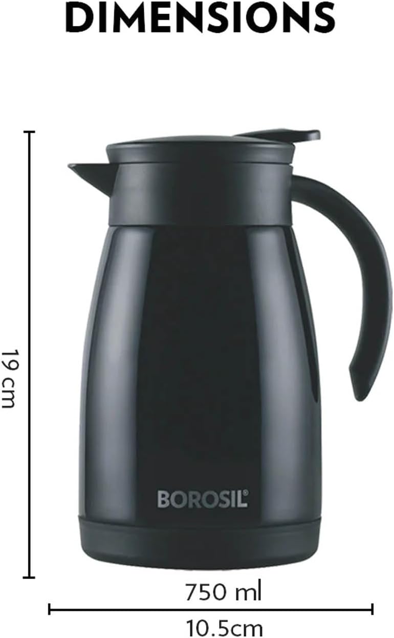 Borosil Insulated Stainless Steel Vacuum Flask Carafe, 750 ml, Black