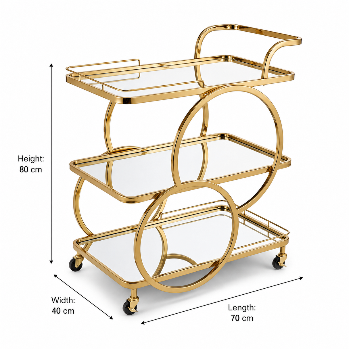 Life Smile 3-Tier Gold Metal & Glass Serving Trolley | Luxury Majlis Cart with Swivel Wheels | 80×70×40 cm |