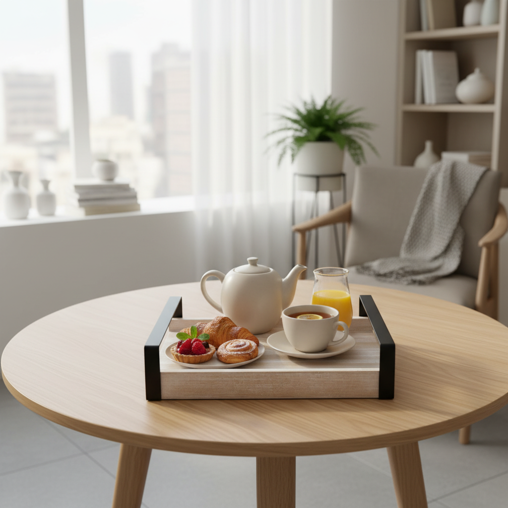 Luhpar Wooden Serving Tray with Black Metal Handles - 40×25cm