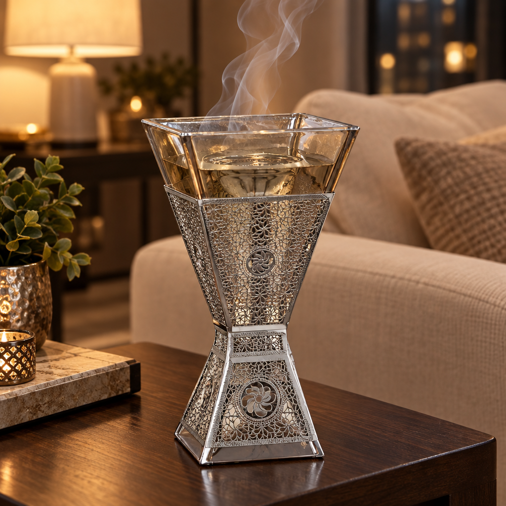 Metal & Amber-Toned Glass Incense Burner – 25×12cm