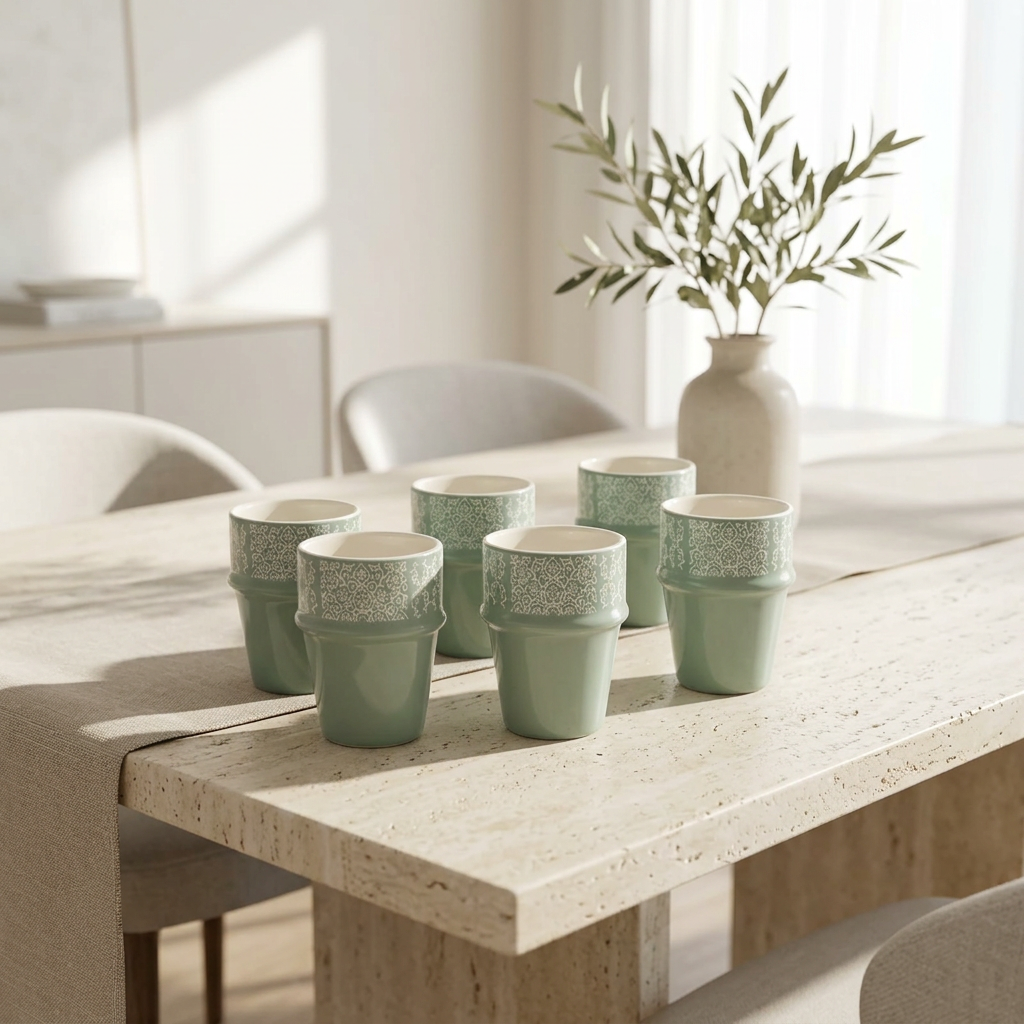Dallah Addar 12-Piece Ceramic Cawa Cup Set Sage Green - 100ml