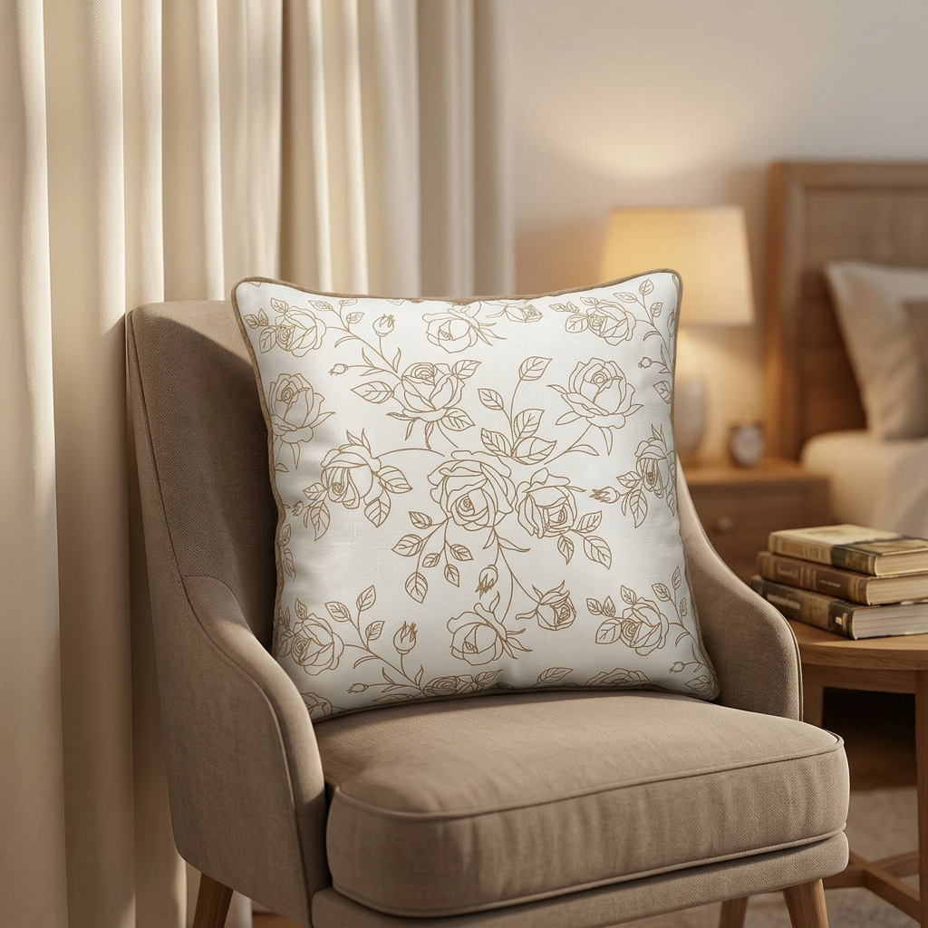 Square Rose Floral Cushion Ivory & Beige – 43×43cm