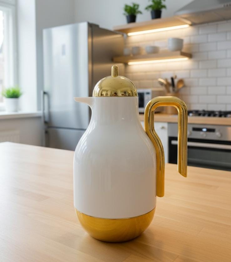 Ejshe 1 Liter White Vacuum Flask – Classic White Finish with Gold Touch, Durable and Stylish Beverage Container