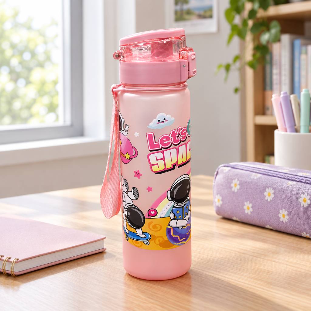 Plastic Water Bottle with Space Print Pink - 1 Litre