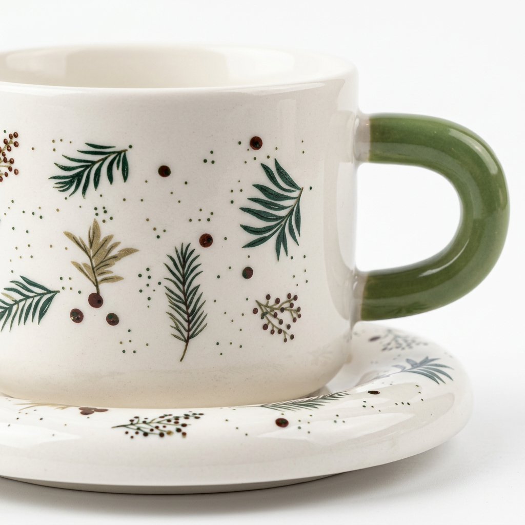 Ceramic Christmas Cup & Saucer Set White & Green Handle - 350ml