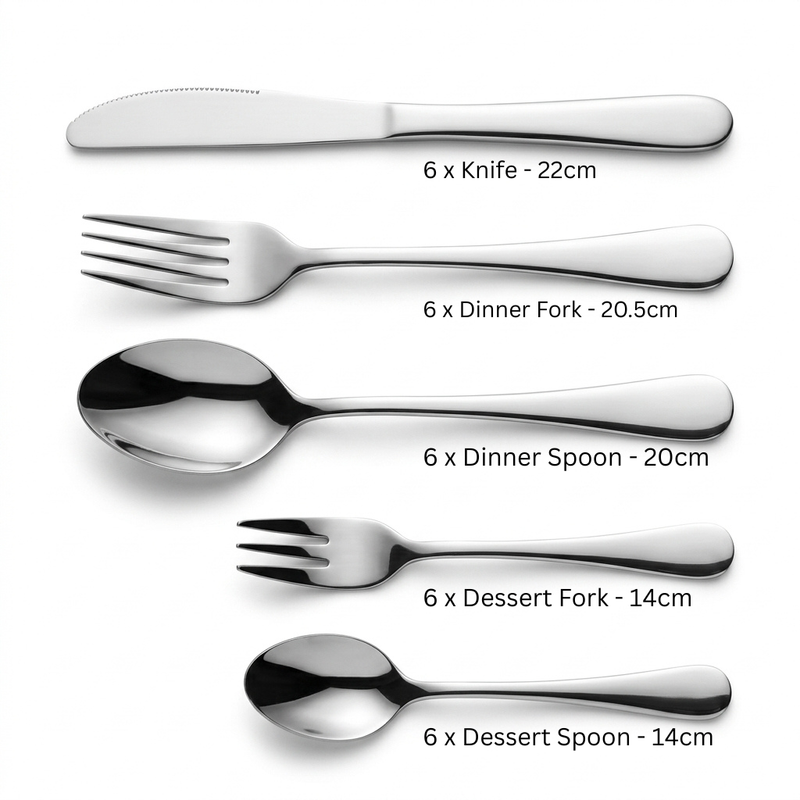 Sole Cook 30-Piece Polished Stainless Steel Cutlery Set with Chrome Wire Storage Caddy – 6 Person Flatware Set (6x Knives 22cm, 6x Dinner Forks 20.5cm, 6x Dinner Spoons 20cm, 6x Dessert/Tea Forks 14cm, 6x Dessert/Tea Spoons 14cm)