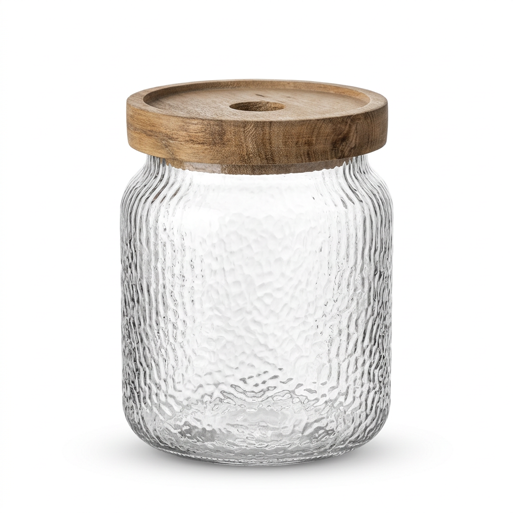 Textured Glass Jar with Wooden Lid - 500ml