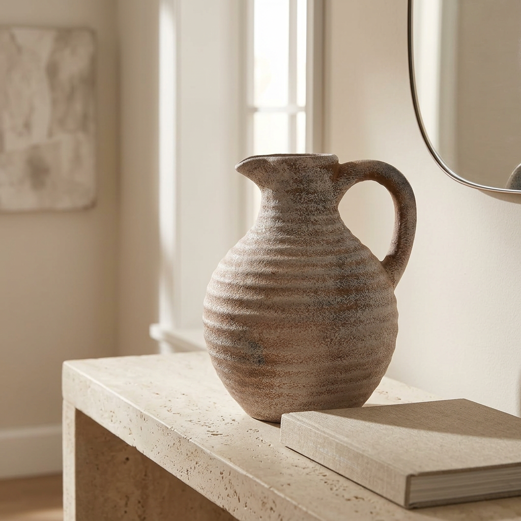 Rustic Ribbed Ceramic Flower Vase with Handle - 20cm