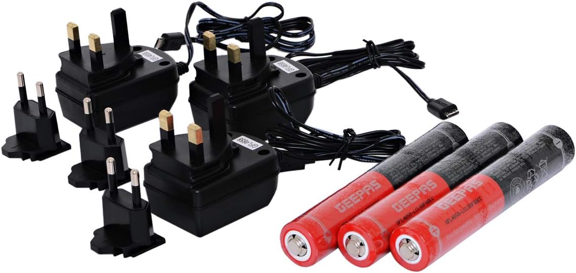 Geepas GFL4658 Super Bright Rechargeable LED Flashlight Set of 3 | 2000 Meters Ultra Long Range Beam | Waterproof Heavy-Duty Torch with Charger and Battery