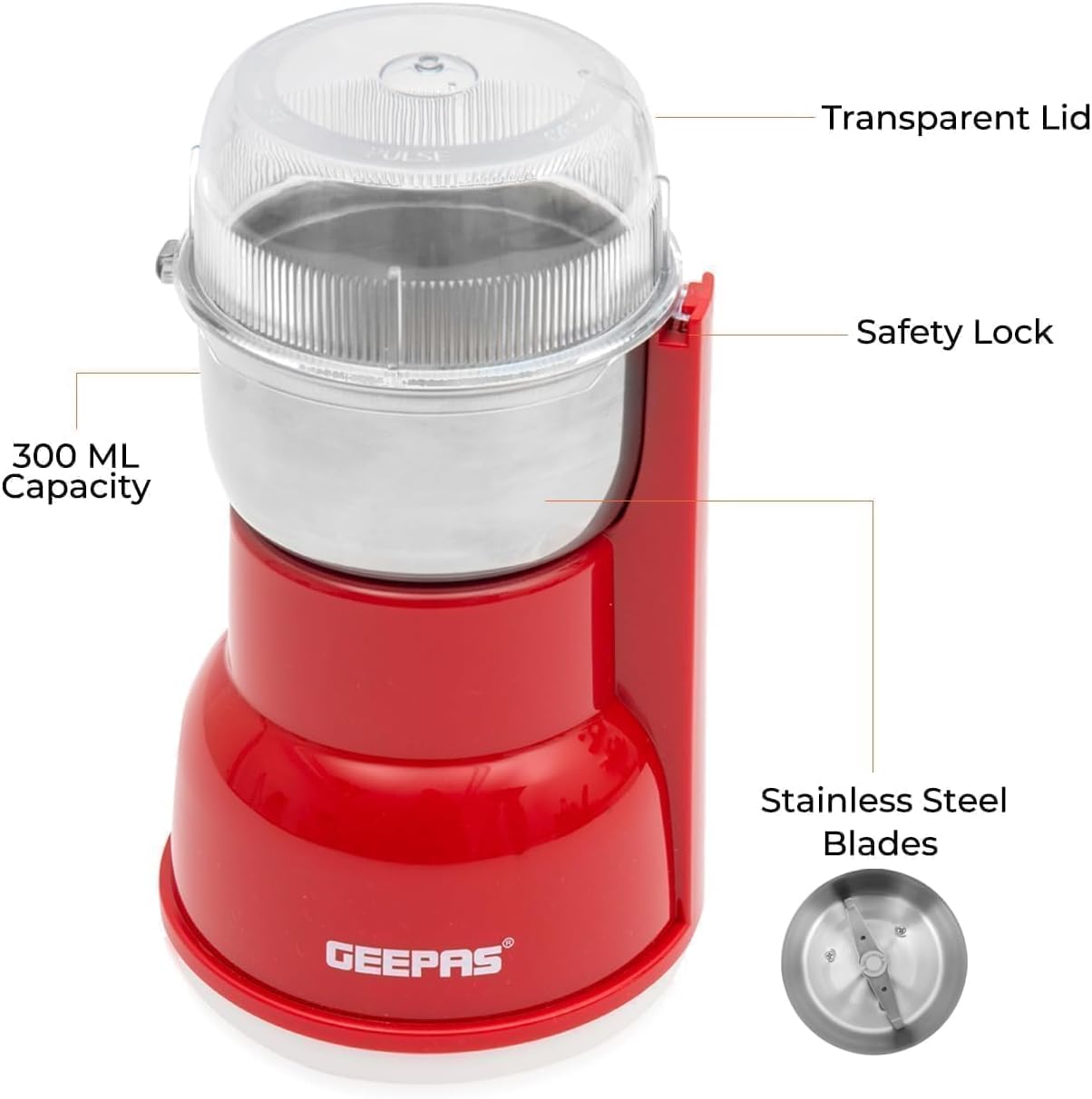 Geepas 150W Electric Coffee Grinder - Stainless Steel Blade |Stainless Steel Cup for Grinding, GCG5440 Overheat Protection | Removable Steel Bowl