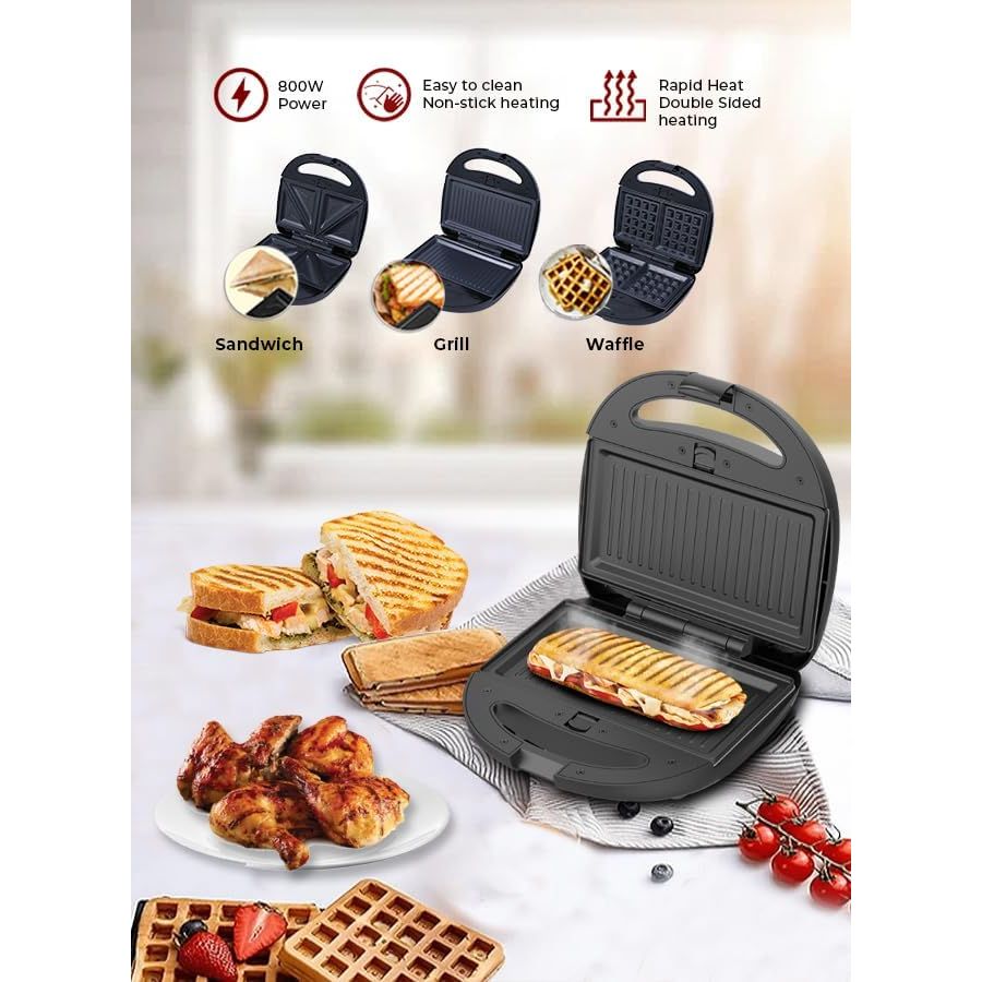 Sonashi 3-in-1 Multi Snack Maker SSM-861 - Detachable Sandwich, Grill, Waffle Making Plates with Bakelite Coating