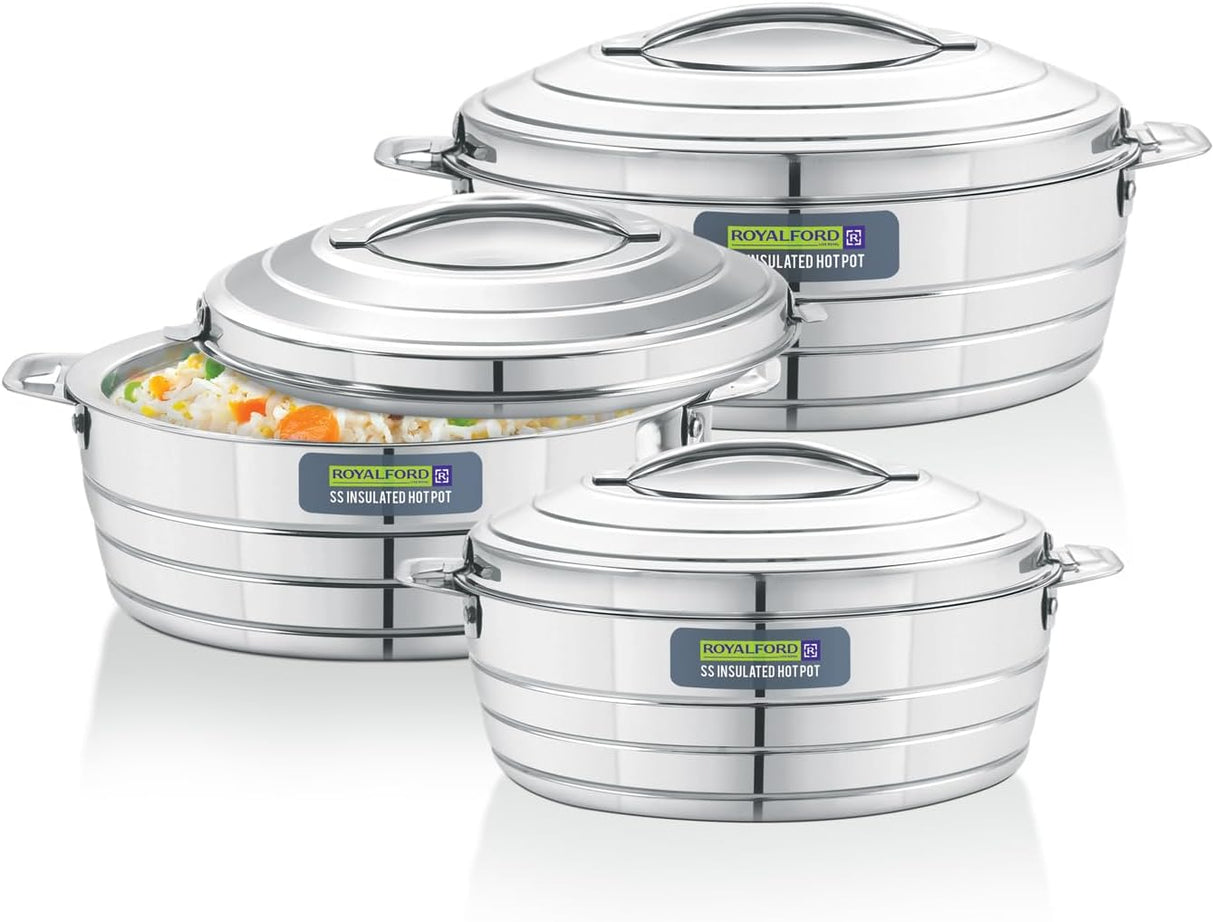 ROYALFORD Roxy Insulated Hot Pot Set Of 3 – Premium Stainless Steel Casseroles With Double Wall Vacuum Insulation & Twist Lock Lids, Food-Safe & Durable, Capacities 1600ml + 2400ml + 3300ml (Rf12860)