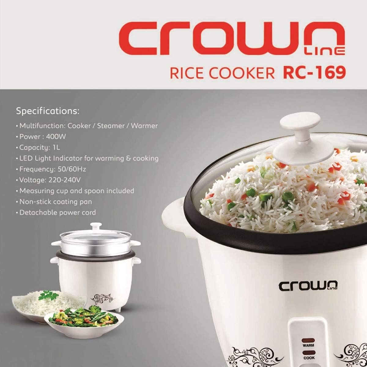 Crownline Rice Cooker with Steamer RC-169 – 1L, White