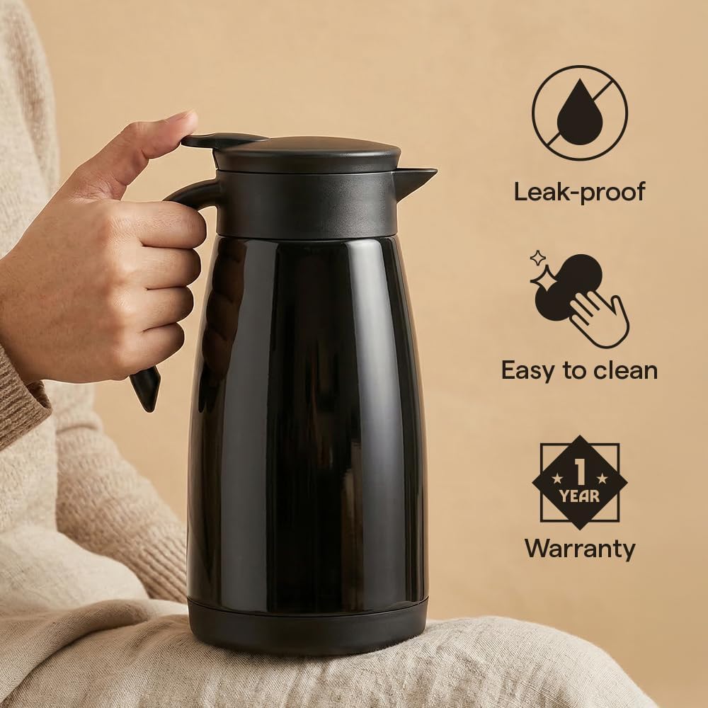 Borosil Insulated Stainless Steel Vacuum Flask Carafe, 1000 ml, Black