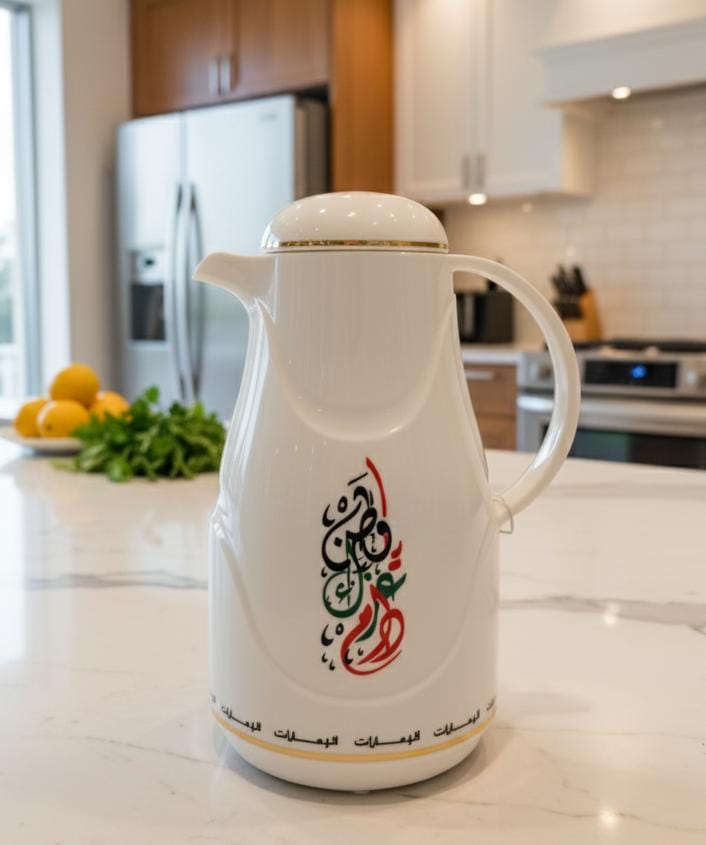 Rejal 0.5 Liter UAE Theme Vacuum Flask – White Body with National Design, Ideal for Gifts & Special Occasions