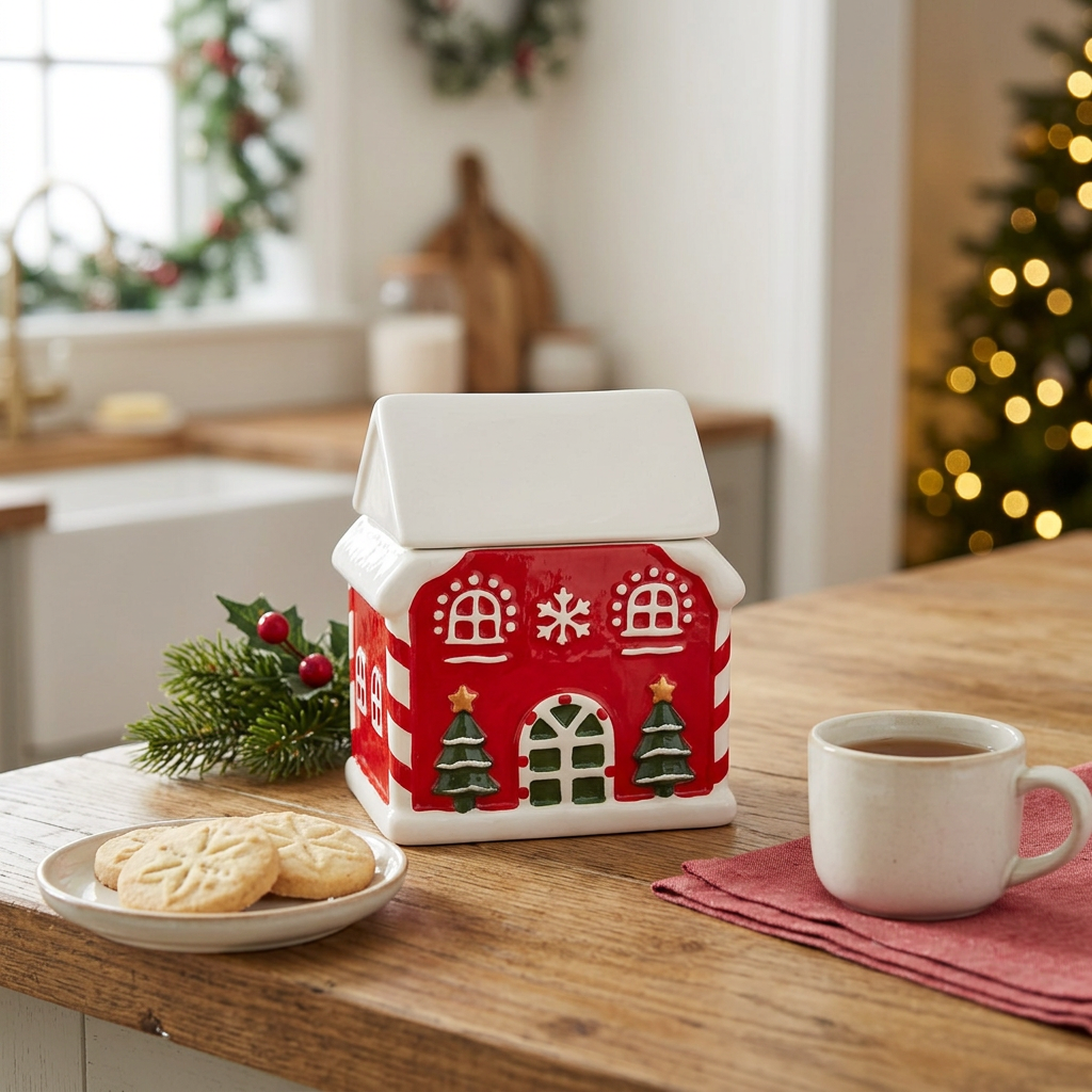 Ceramic Christmas House Candy Jar with Lid - 10×9cm