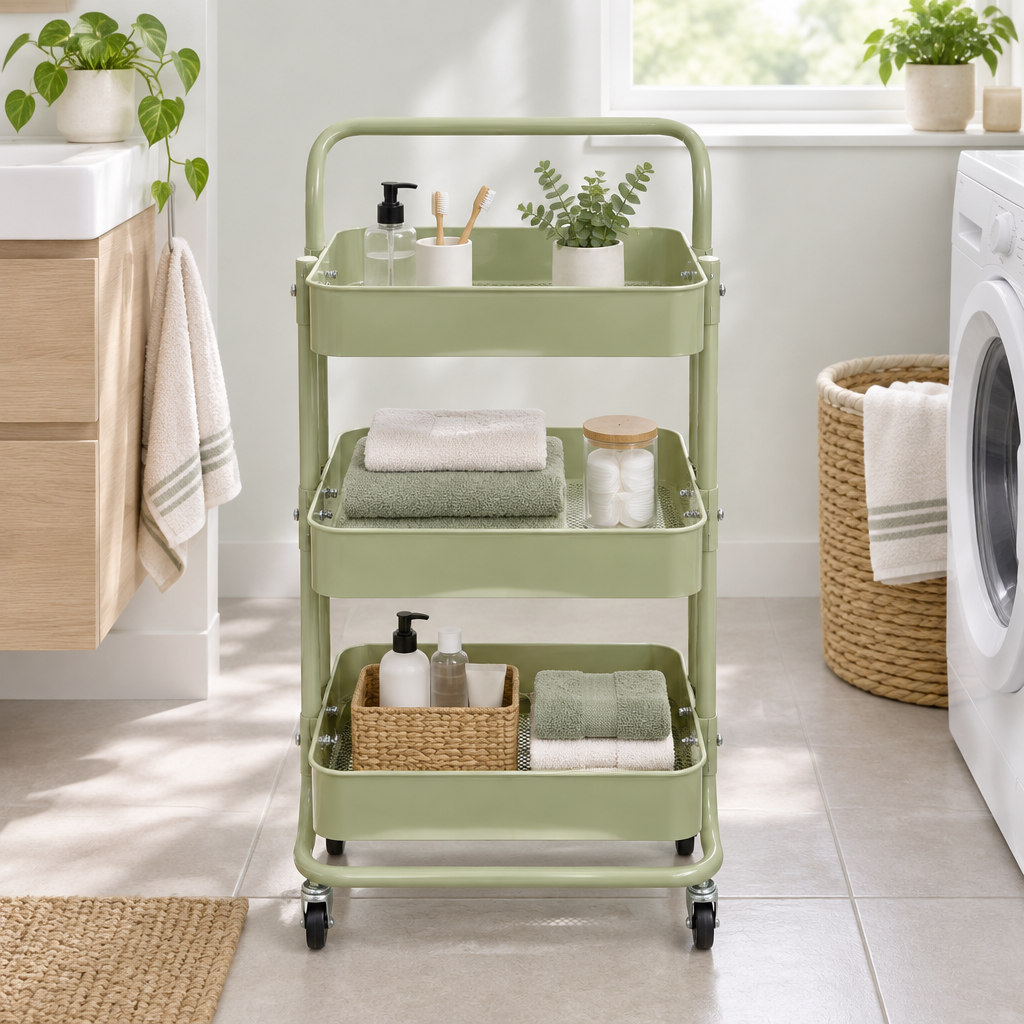 3-Tier Metal Storage Trolley with Wheels Sage Green - 73×38×28cm