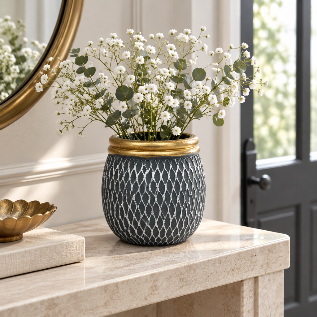Ceramic Flower Vase Dark Grey with Gold Rim - 9×9cm