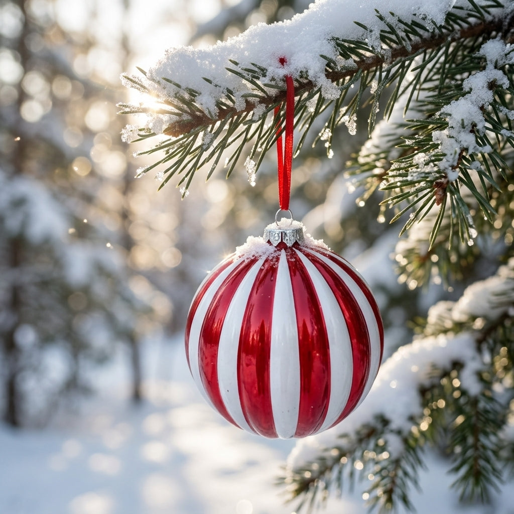 Christmas Plastic Hanging Bauble Decoration Red & White Striped – 10 cm
