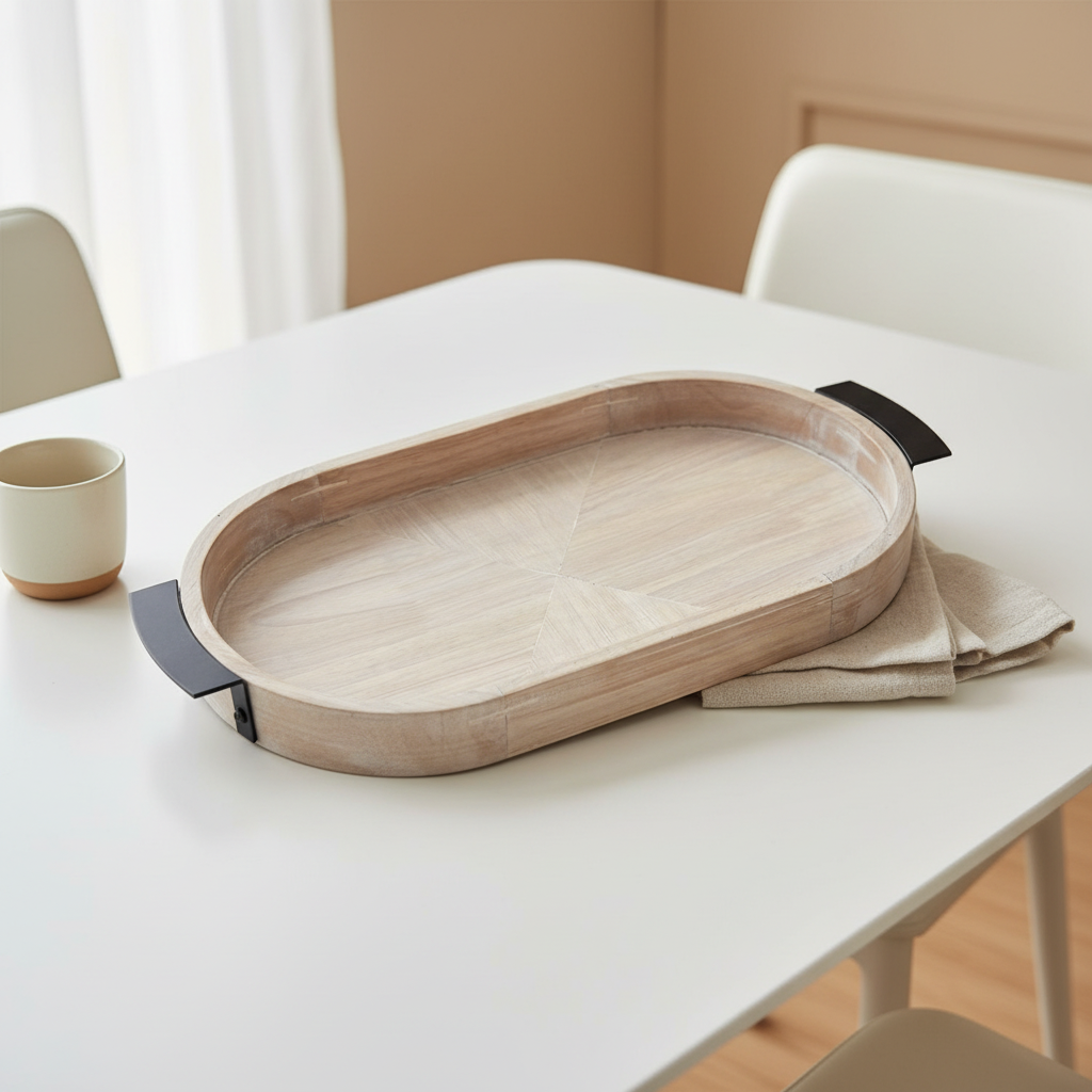 Luhpar Wooden Tray with Black Metal Handles - 48×30cm