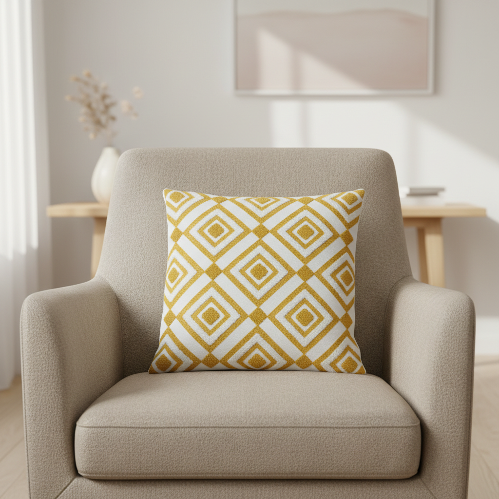 Tufted Geometric Cushion Mustard Gold & White - 40cm