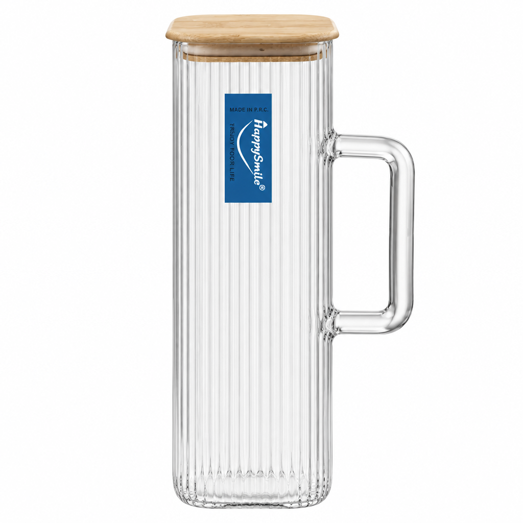 Happysmile Ribbed Glass Jug with Wooden Lid - 1 Litre