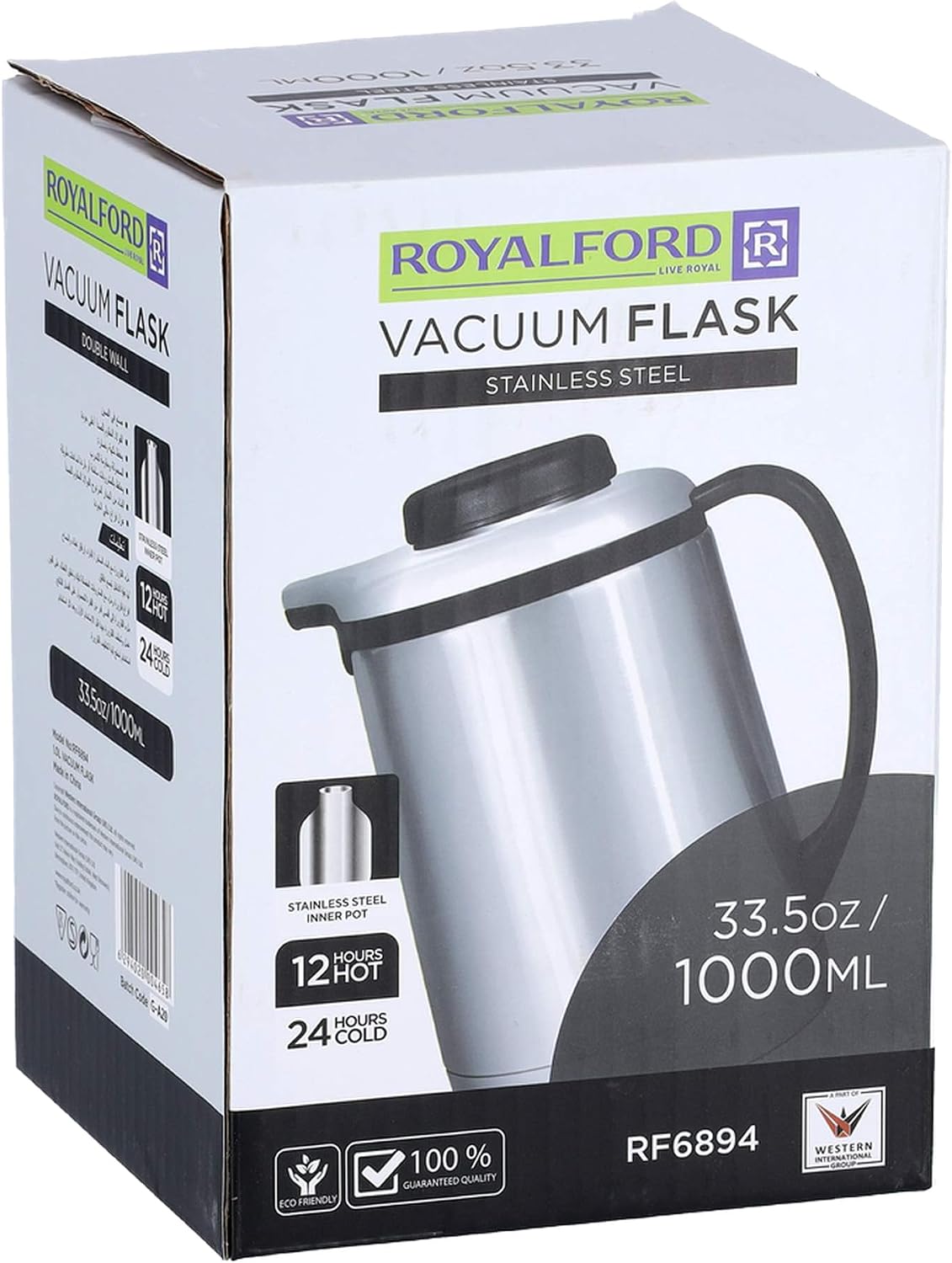 Royalford Stainless Steel Vacuum Flask, 1 Litres, Silver and Black