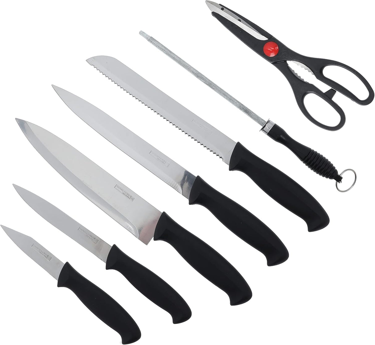 ROYALFORD 8pcs Kitchen Knives Set(3" Paring Knife, 4.8" Utility Knife, 7" Slicer Knife, 7" Bread Knife, 7" Chef Knife, 6.5" Sharpener, Kitchen Scissors 213mm*70mm, Pine Wood Knife Holder 65mm*110mm*205mm), Extra-Sharp Stainless Steel Blades and PP Handles